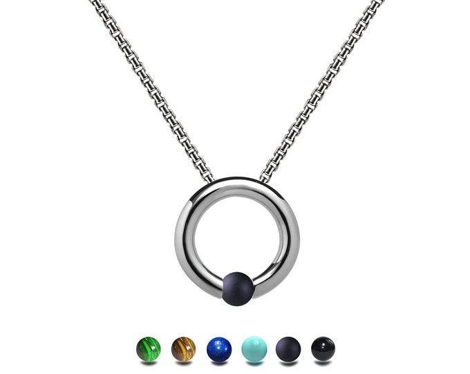 LUNA round tubular pendant with tension set semiprecious sphere on a box chain in stainless steel by Taormina Jewelry