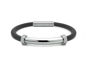 Tubular 5mm black rubber bracelet with curved element, hex nuts details & bayonet clasp in stainless steel By Taormina Jewelry