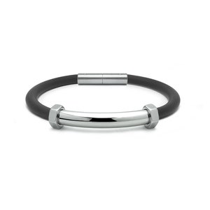 Tubular 5mm black rubber bracelet with curved element, hex nuts details & bayonet clasp in stainless steel By Taormina Jewelry image 1
