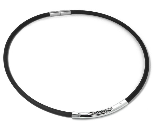 4mm Black Rubber Necklace with Stainless Steel see through Tube center piece and cable by Taormina Jewelry