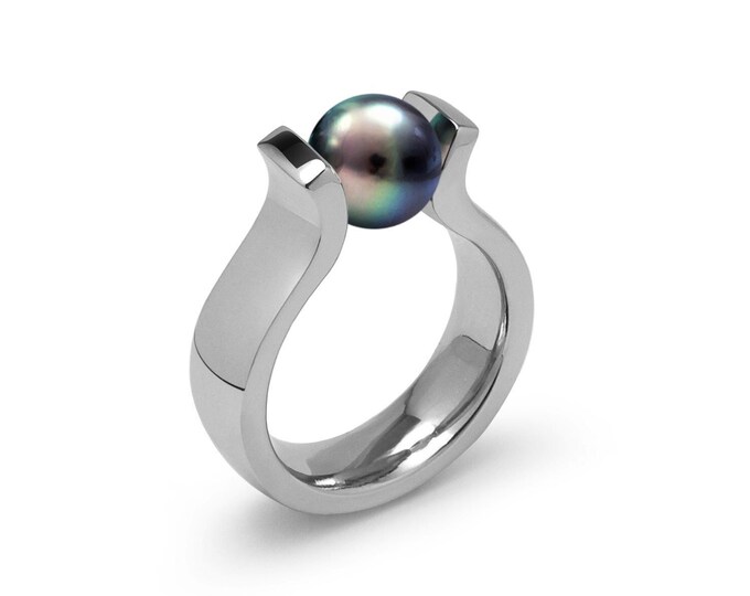 Elegant tension set black pearl Lyre shaped ring in Steel Stainless by Taormina Jewelry