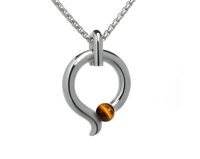 Tension set Tiger's Eye on teardrop shaped pendant in stainless steel by Taormina Jewelry