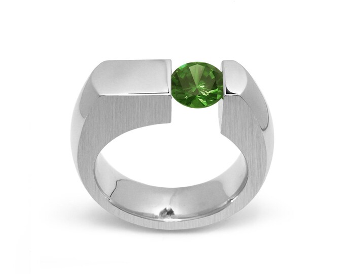 1ct off-center Peridot two tone tension set ring modern flat style mounting by Taormina Jewelry