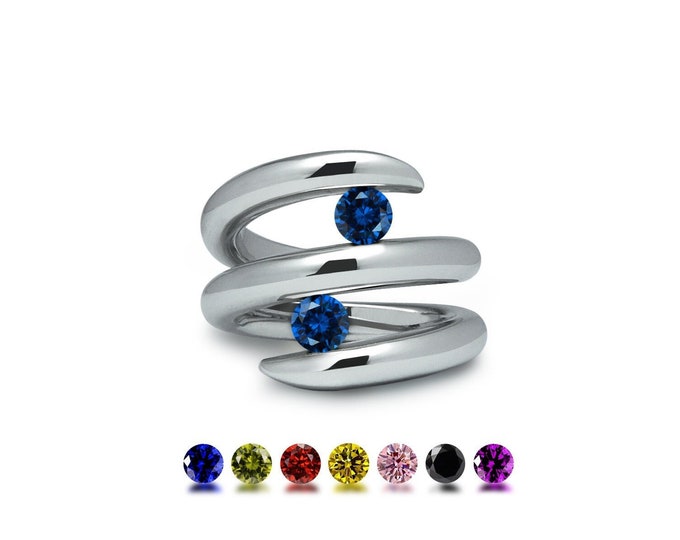 ONDE Double bypass ring with two tension set colored gemstone in stainless steel by Taormina Jewelry