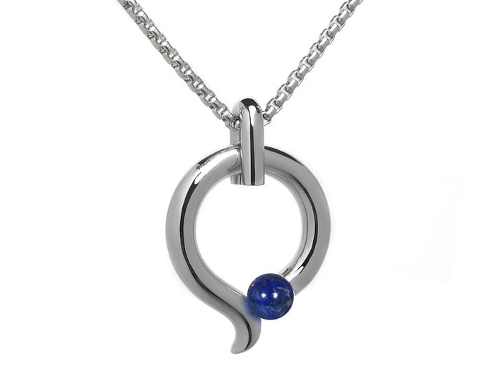 Tension set Lapis Lazuli on teardrop shaped pendant in stainless steel by Taormina Jewelry