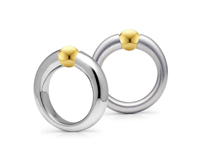 LUNA Ring tapered tubular with tension set  Gold sphere in stainless steel by Taormina Jewelry