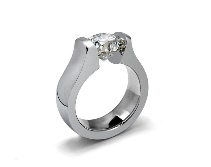 MAREA Domed high mounting ring with tension set white sapphire in stainless steel by Taormina Jewelry