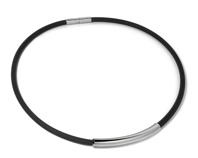 Men's Black Rubber Necklace with Stainless Steel Tube Element by Taormina Jewelry