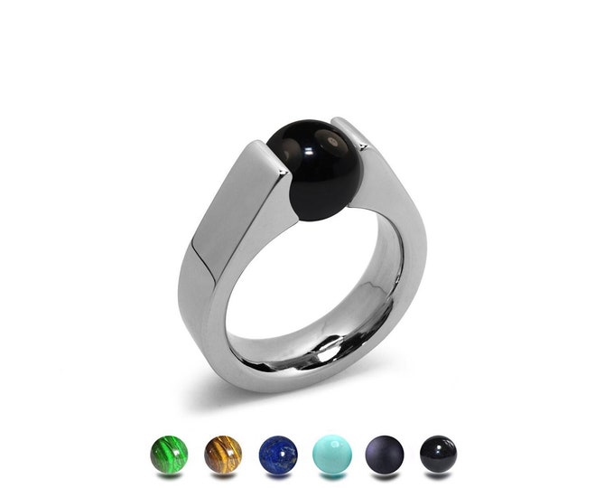 AMORE High setting ring with tension set semiprecious sphere in stainless steel by Taormina Jewelry