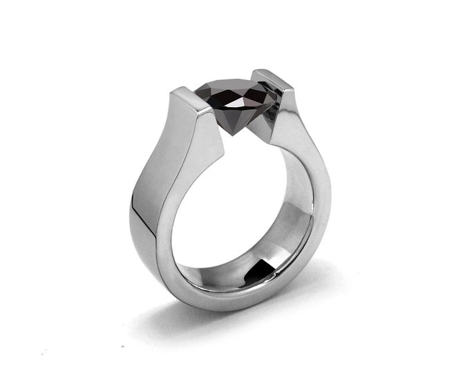 MAREA Flat and rounded high mounting ring with tension set Black Diamond in stainless steel by Taormina Jewelry