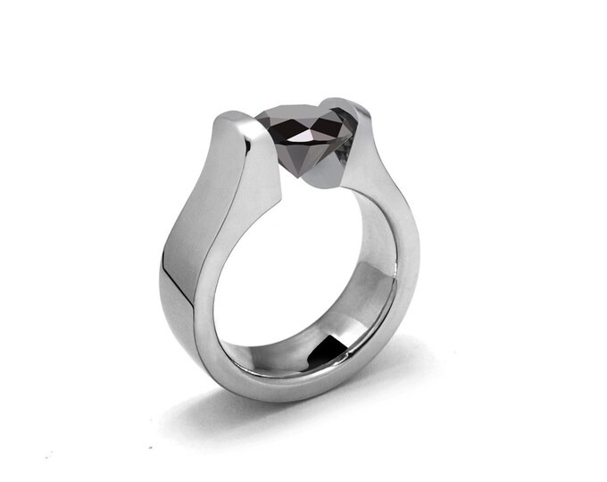 MAREA Flat and rounded high mounting ring with tension set Black Diamond in stainless steel by Taormina Jewelry