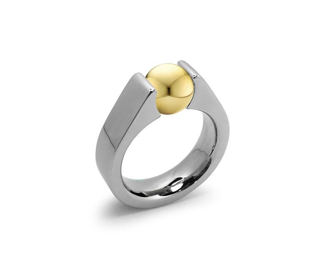 AMORE High rise ring with tension set Gold sphere in stainless steel by Taormina Jewelry