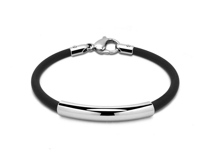 4mm men's Black Rubber bracelet with 5mm width Stainless Steel Tube by Taormina Jewelry