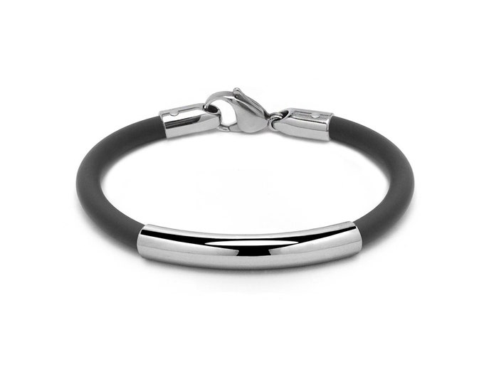 Tubular black rubber bracelet with curved element in stainless steel, 5mm. By Taormina Jewelry