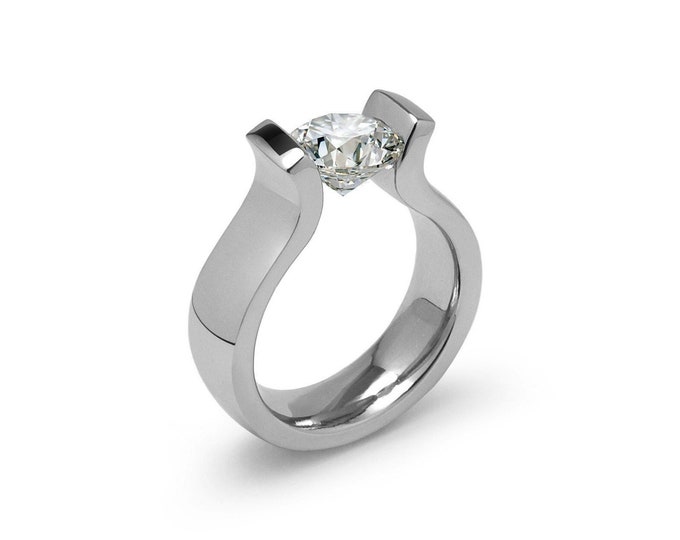 LYRE High setting ring with tension set white sapphire in stainless steel by Taormina Jewelry