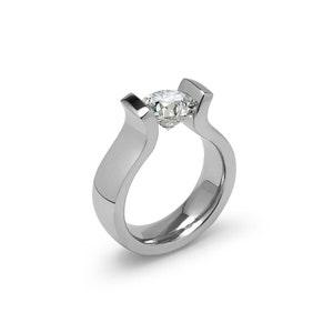 LYRE High setting ring with tension set white sapphire in stainless steel by Taormina Jewelry image 1