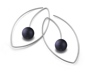 Obsidian cat eye shaped drop wire earrings in stainless steel by Taormina jewelry