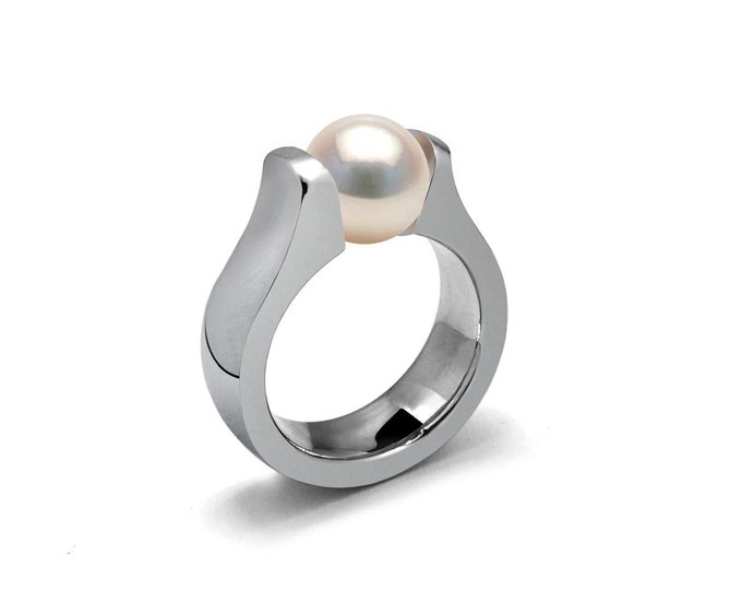 MAREA Domed high mounting ring with tension set white pearl in stainless steel by Taormina Jewelry