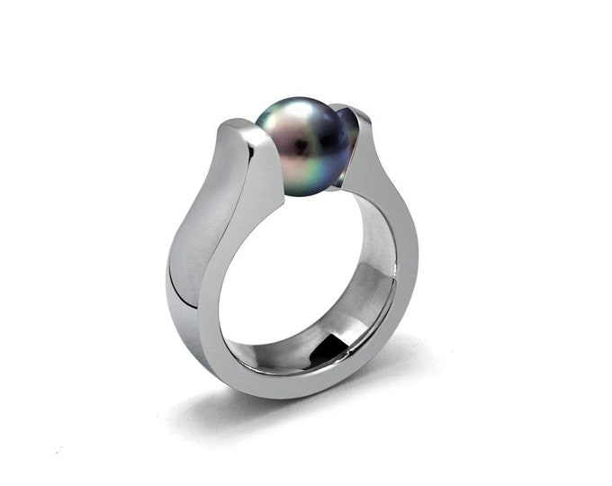 MAREA Domed high mounting ring with tension set black pearl in stainless steel by Taormina Jewelry