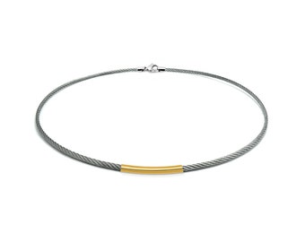 2mm cable rope necklace with gold tube in stainless steel by Taormina Jewelry