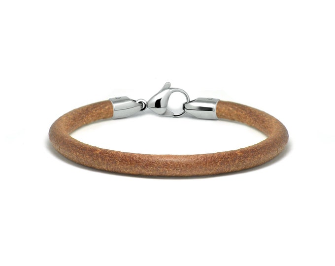 5mm tubular brown leather bracelet with lobster clasp in stainless steel by Taormina Jewelry
