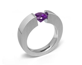1.5ct Amethyst Two Tone Tension Set ring Modern Style by Taormina Jewelry
