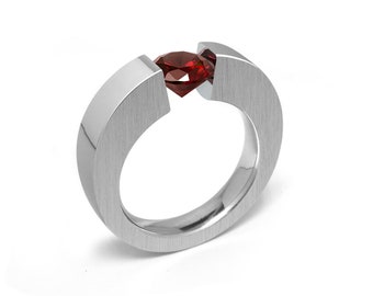 1ct Garnet Ring Tension Set Mounting in Stainless Steel by Taormina Jewelry
