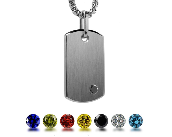 ID Tag Necklace with Gemstone in Stainless Steel by Taormina Jewelry