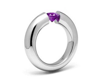 1.5ct Amethyst Tension Set Tapered Engagement Ring in Stainless Steel by Taormina Jewelry