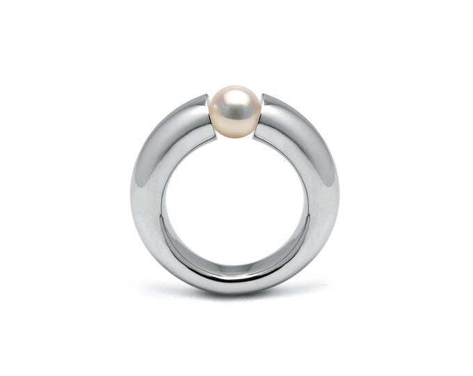 LUNA tapered rounded ring with tension set white pearl in stainless steel by Taormina Jewelry