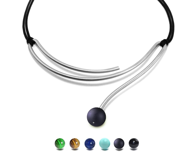 CURVE contemporary snake shaped stainless steel rod necklace with semiprecious sphere by Taormina Jewelry
