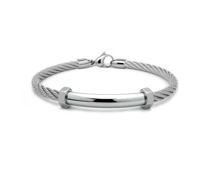 CABLE 4mm bracelet with curved tubular element and hex nuts in stainless steel By Taormina Jewelry