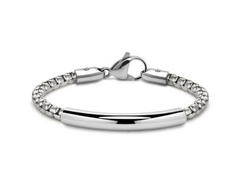 Box link chain bracelet with curved tube id element, 5mm in stainless steel by Taormina Jewelry