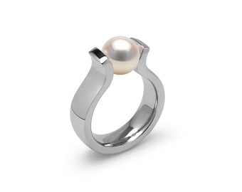 LYRE High setting ring with tension set white pearl in stainless steel by Taormina Jewelry