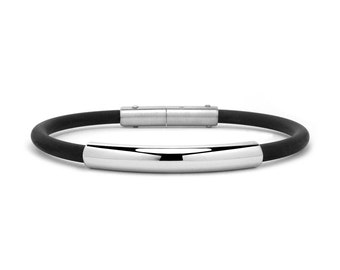 4mm men's Black Rubber bracelet with 5mm width stainless steel tube by Taormina Jewelry