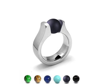 MAREA Flat and rounded high mounting ring with tension set semiprecious sphere in stainless steel by Taormina Jewelry