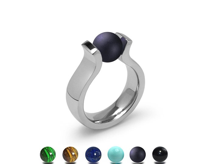 LYRE High setting ring with tension set semiprecious sphere in stainless steel by Taormina Jewelry
