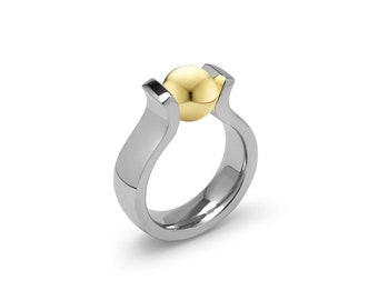 LYRE High setting ring with tension set Gold sphere in stainless steel by Taormina Jewelry