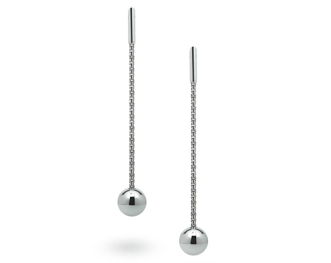 long Box chain drop dangling earrings with spheres in stainless steel by Taormina Jewelry