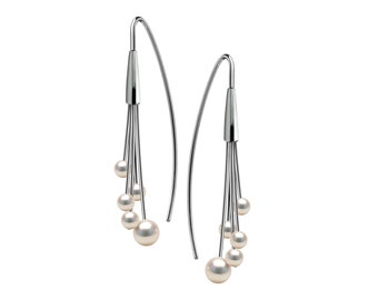 FILO white pearls cluster drop wire earrings in stainless steel by Taormina Jewelry