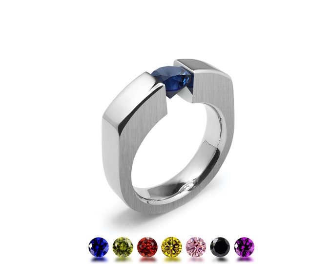 ABBRACCI Flat side tension set ring with tension set colored gemstones in stainless steel by Taormina Jewelry