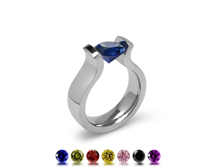 LYRE shaped ring with tension set colored gemstones in stainless steel by Taormina Jewelry