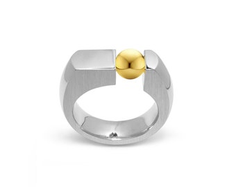 COLONNA Two tone ring modern flat style mounting with off center tension set Gold sphere by Taormina Jewelry