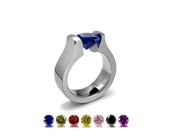 MAREA Flat & rounded high mounting ring with tension set Colored Gemstones in stainless steel by Taormina Jewelry
