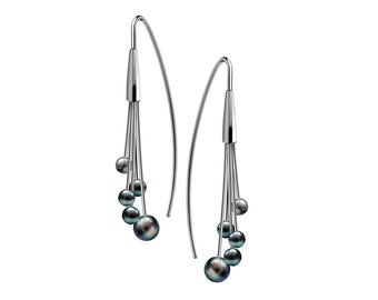 FILO black pearls cluster drop wire earrings in stainless steel by Taormina Jewelry