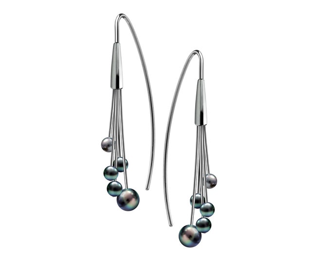 FILO black pearls cluster drop wire earrings in stainless steel by Taormina Jewelry