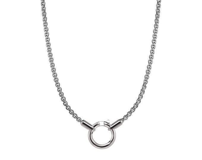 Box chain necklace with round tubular clasp in stainless steel by Taormina Jewelry