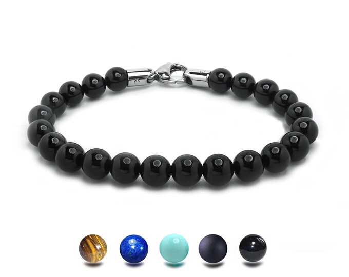 8mm Black Onyx beaded spiritual bracelet stainless steel clasp by Taormina Jewelry