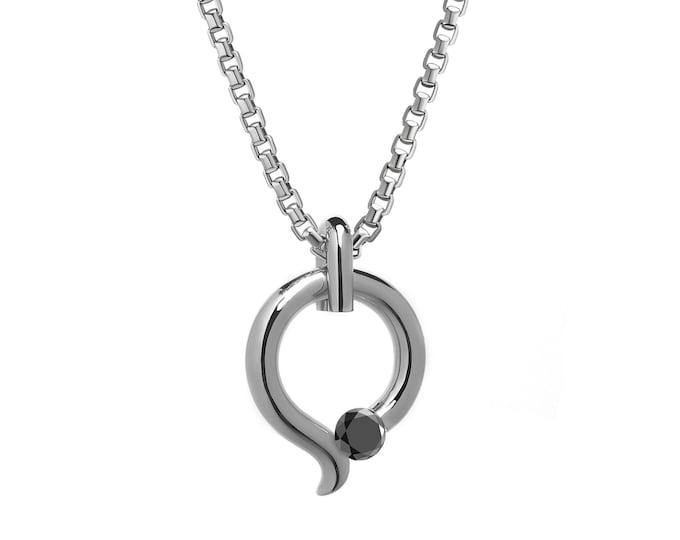 ONDE teardrop tubular pendant with tension set black diamond in stainless steel by Taormina Jewelry