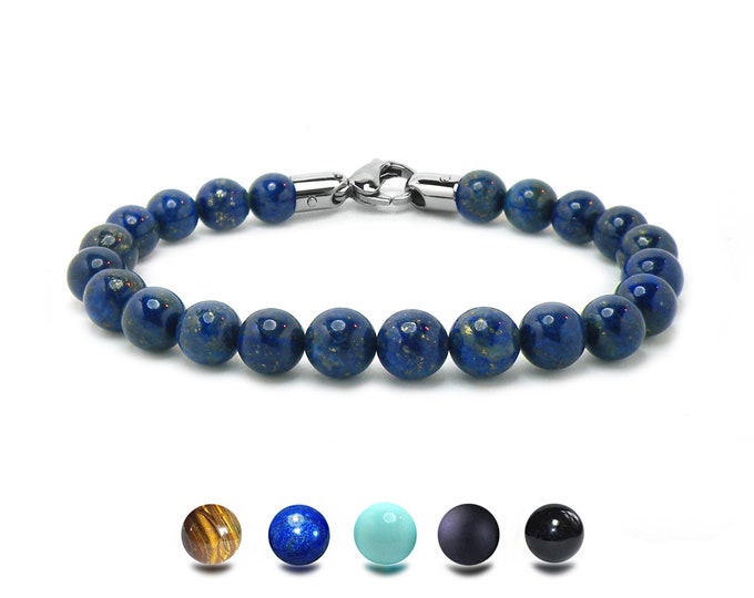 8mm Lapis Lazuli beaded spiritual bracelet stainless steel clasp by Taormina Jewelry